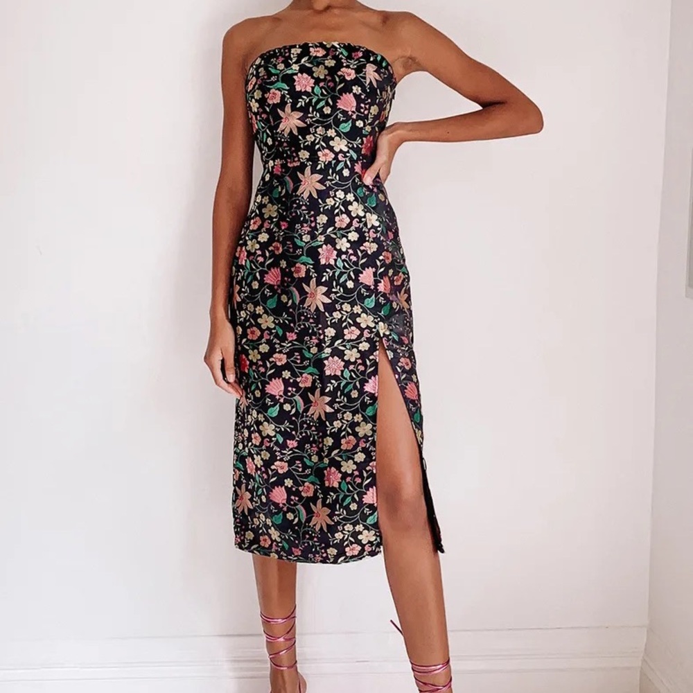 Make a Move Black Satin Floral Jacquard Strapless Midi Dress